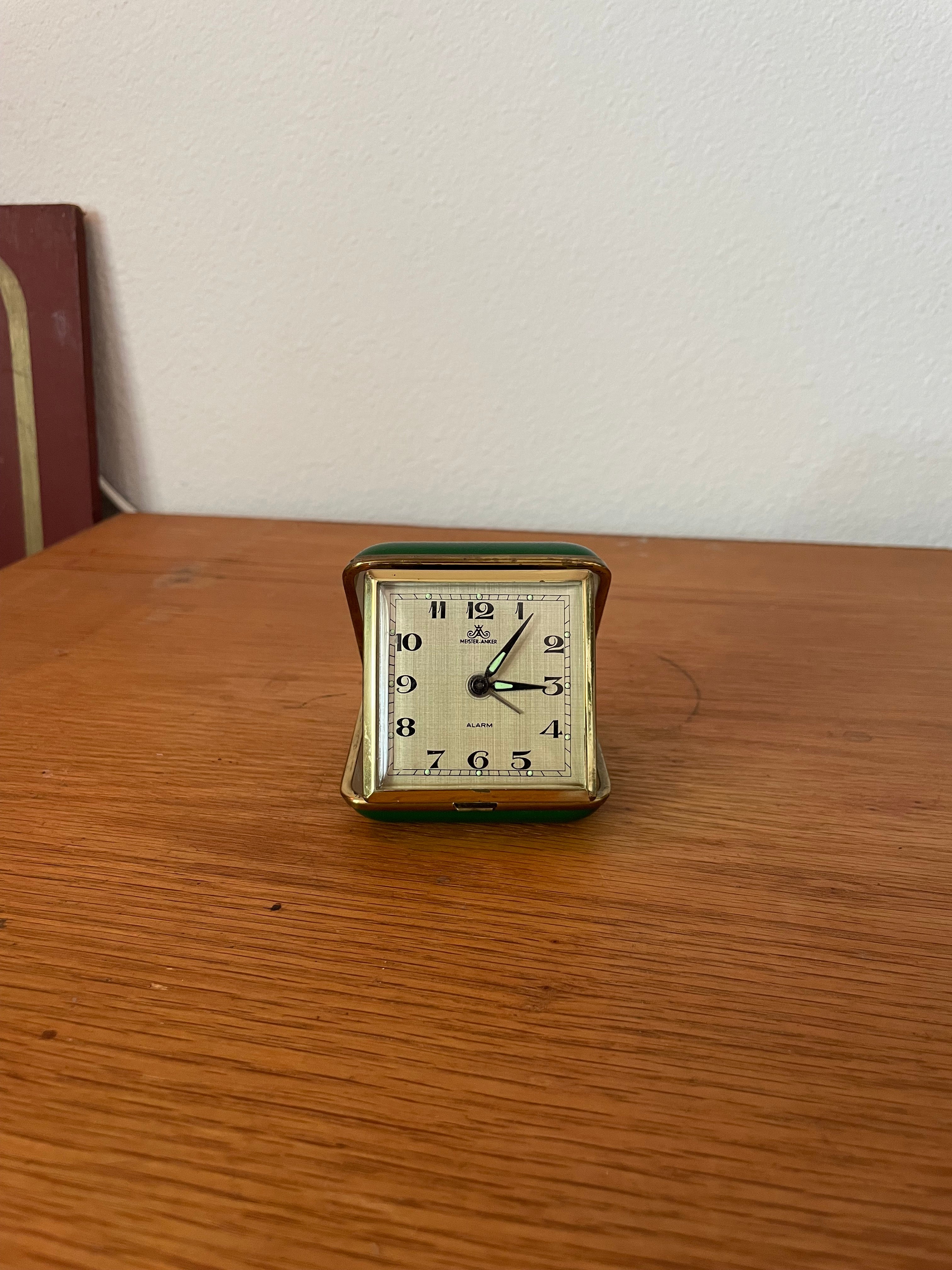 1960's german wind up traveling alarm clock emerald green