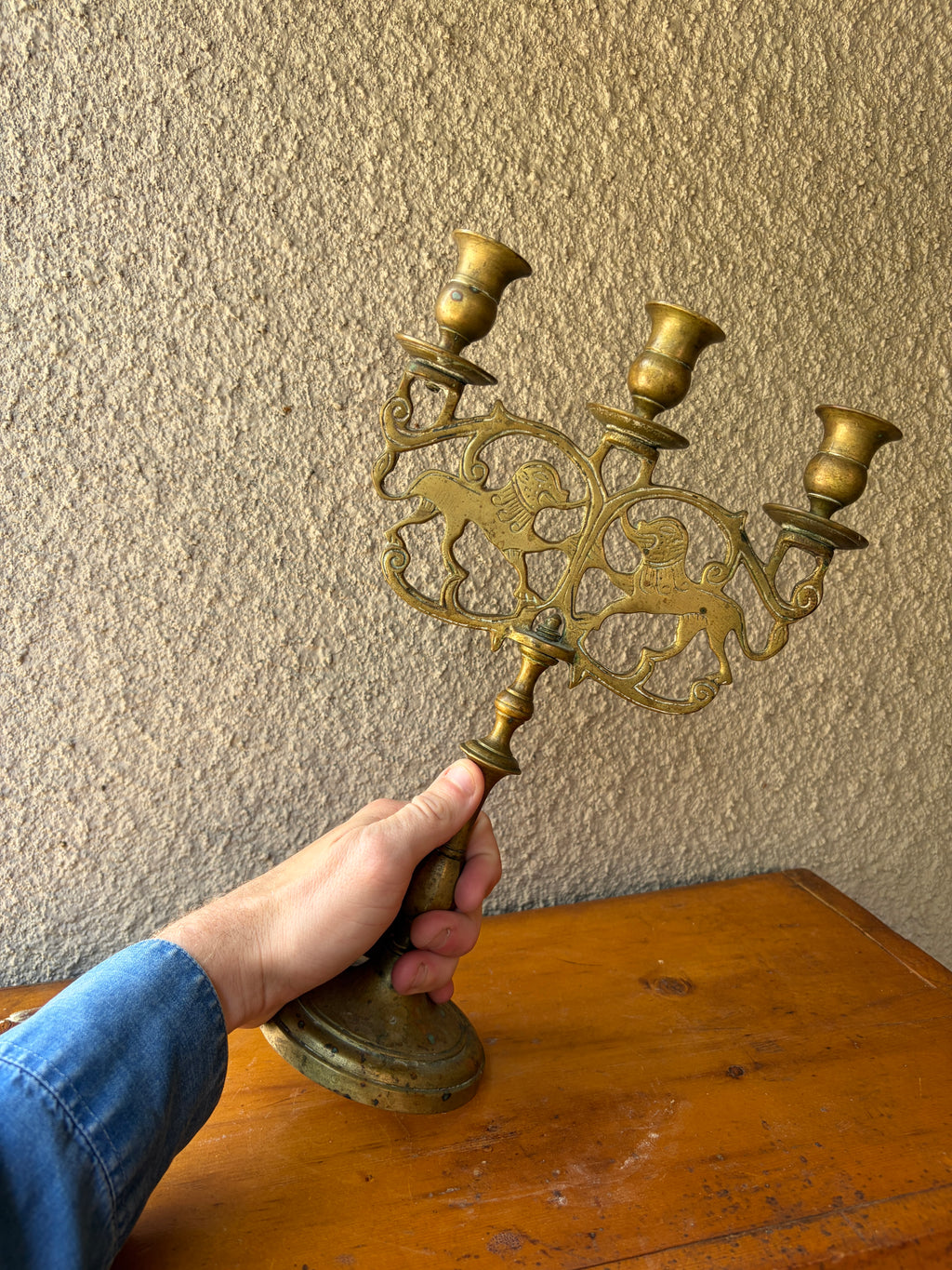 double lions of judah brass candelabra