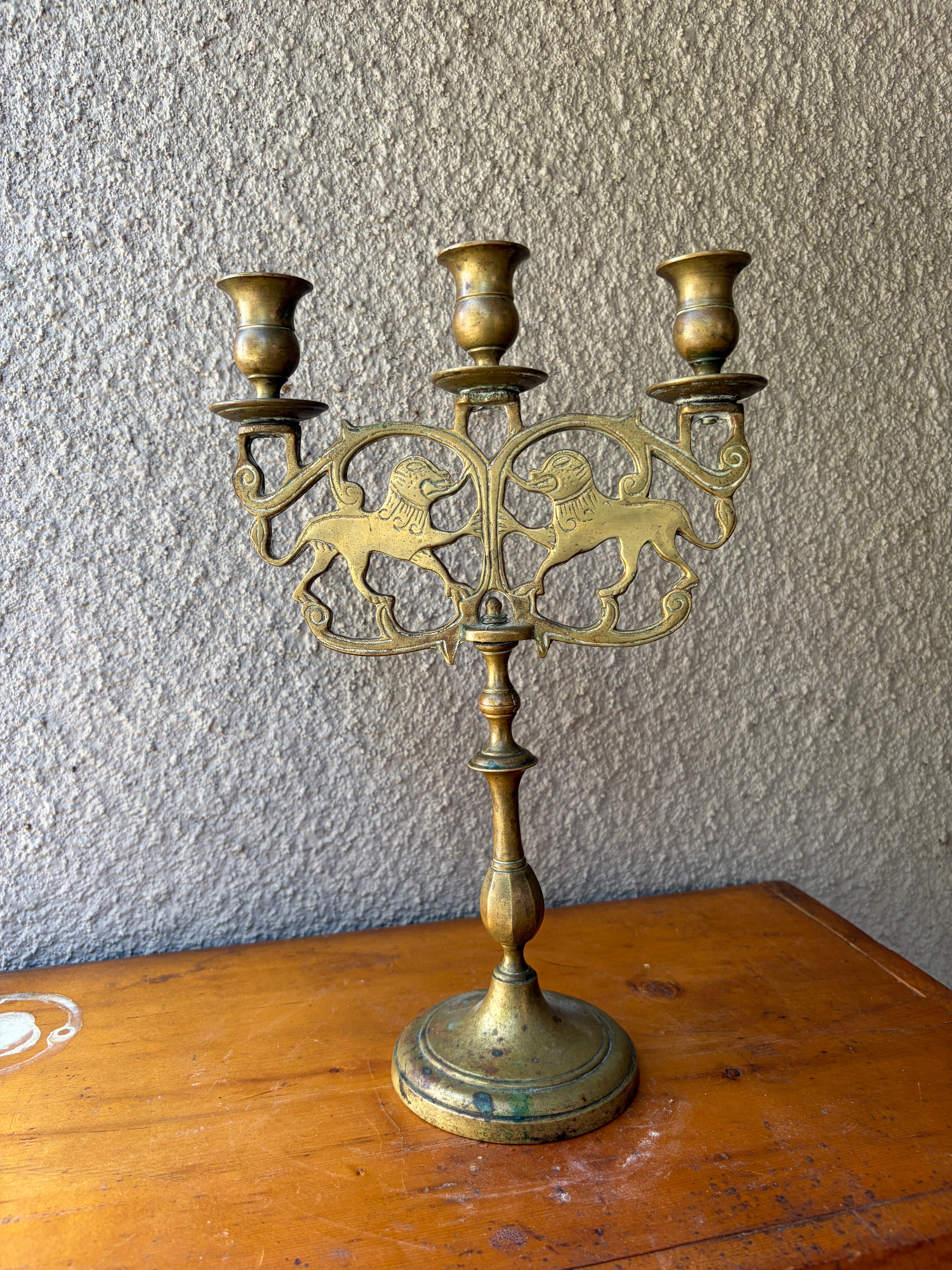 double lions of judah brass candelabra