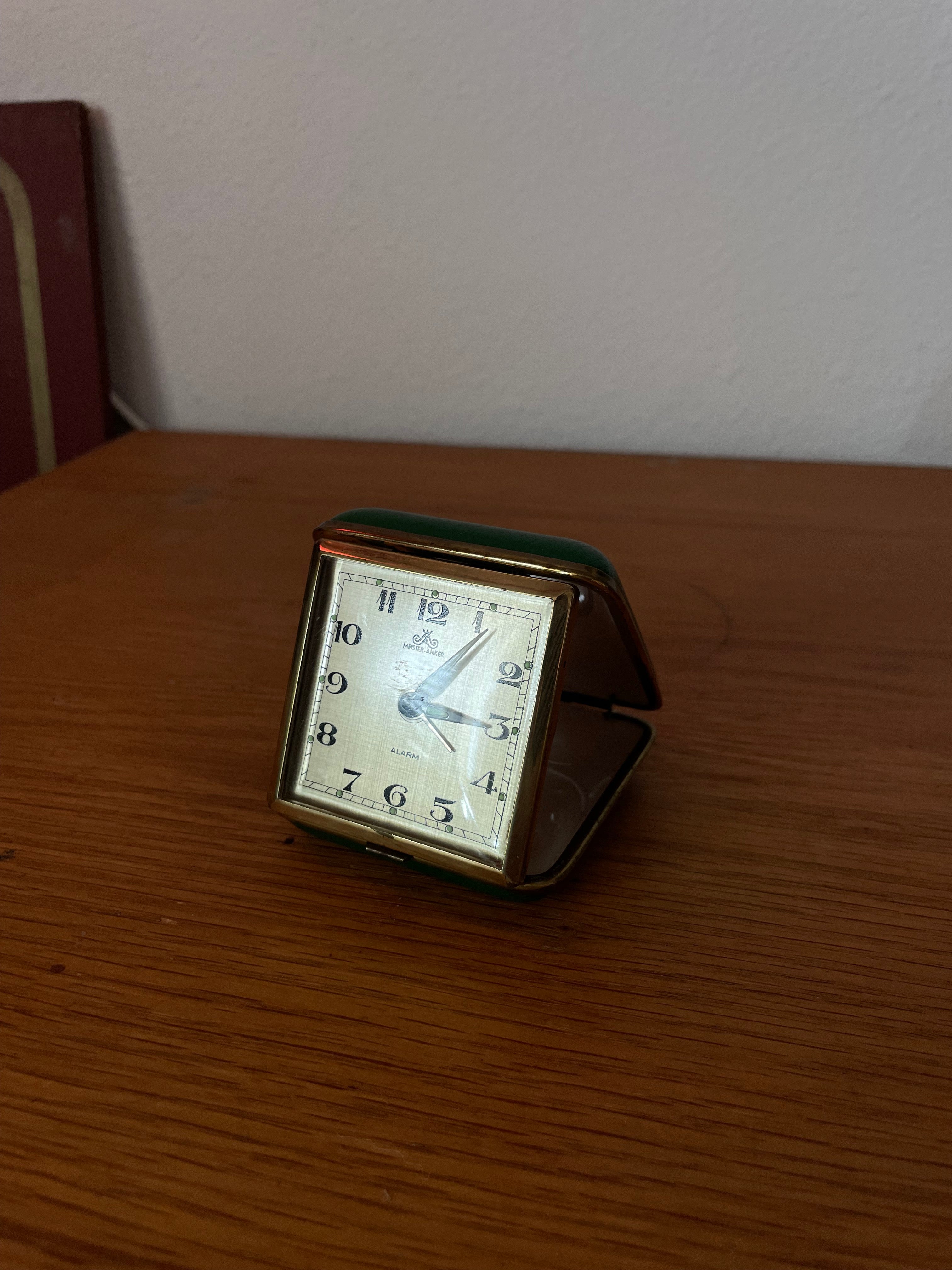 1960's german wind up traveling alarm clock emerald green