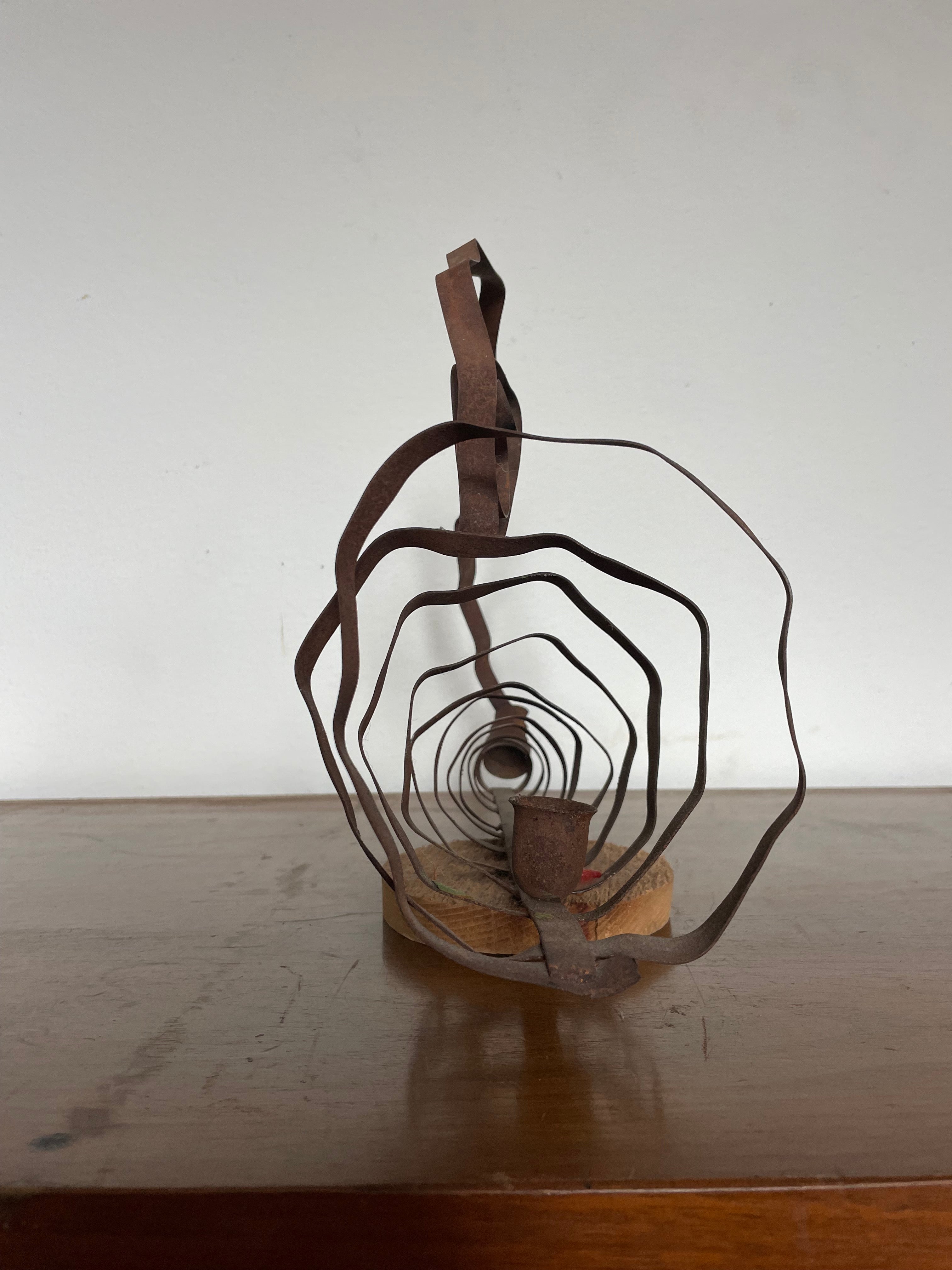 "weird girl" rusted tin sculpture candlestick